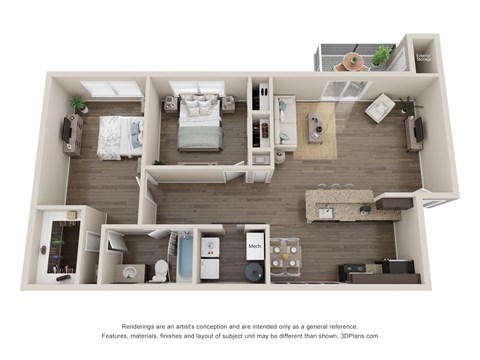 A 3D floor plan of a small apartment with a kitchen, living room, and bedroom.